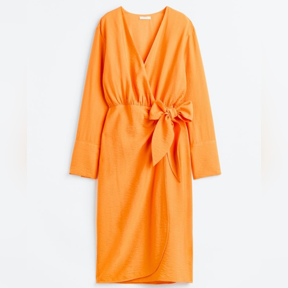 H&M Neon Orange Wrap Midi Dress Size XS Tie Waist Lenzing Ecovero Viscose NWT